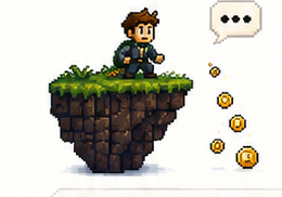 A character standing on a floating platform with coins falling beside it