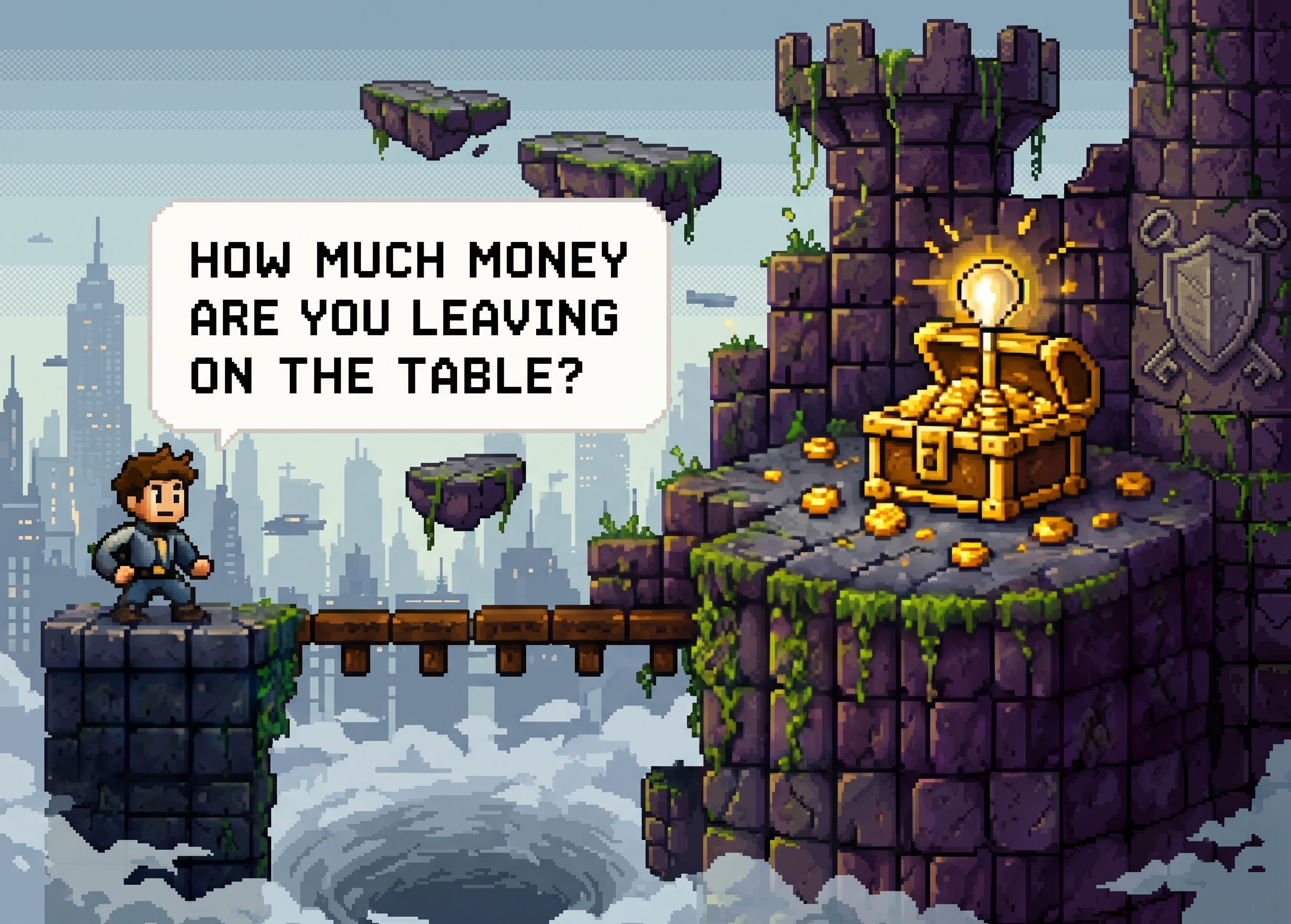 A knight crossing a bridge toward a treasure chest, with the callout: how much money are you leaving on the table?