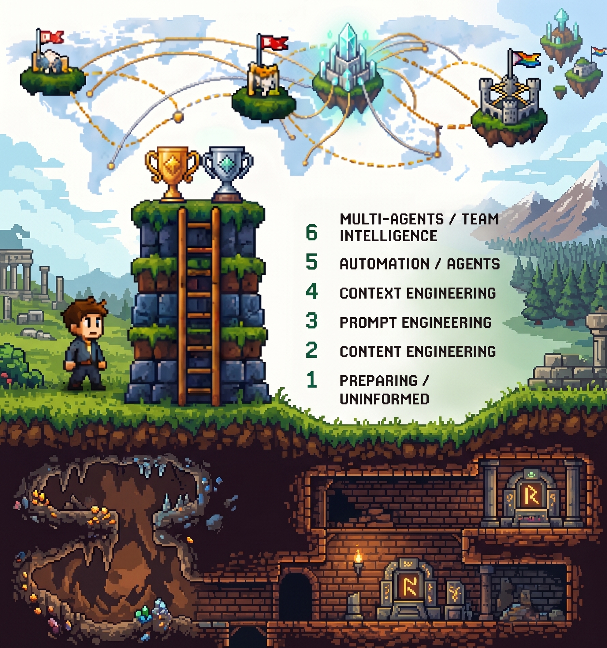 A world map showing competitors moving between locations, and a character climbing a staircase toward two trophies, with a six-level legend from preparing to team intelligence